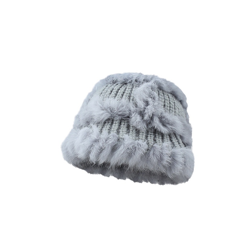 New Rabbit Fur Xingshi Bucket Hat Female Winter Warm Face Small Plush Knitted Hat Female Cute Bucket Hat