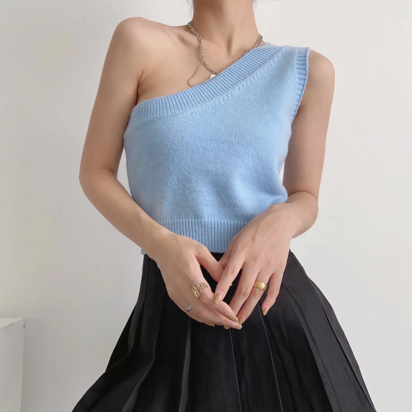 跨境速卖通针织斜肩上衣 2021新款秋季欧美高腰露脐无袖修身背心