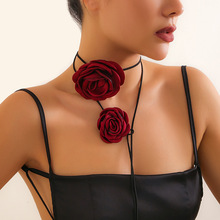 欧美跨境花朵绑带立体玫瑰项圈choker 法式长款山茶花颈链套装女