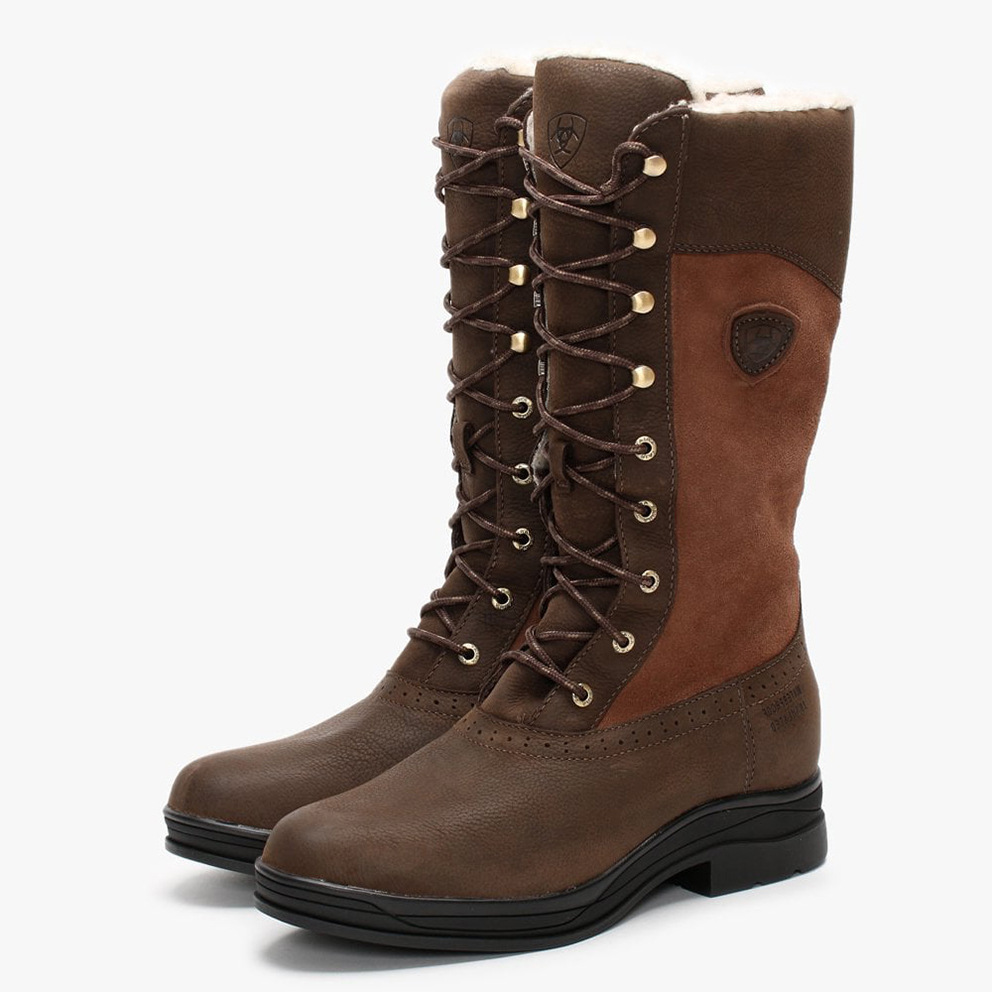 跨境外贸新款英式女式马术靴冬季圆头马丁靴高筒坡跟棕色系带女靴