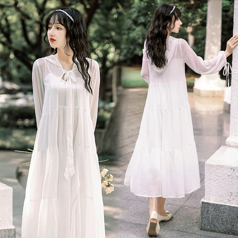 蕾丝雪纺衫防晒衣2020新款宽松长款连帽开衫外搭女-阿里巴巴