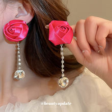 银针布艺玫瑰花朵镶钻流苏耳环时尚氛围感长款耳坠通勤个性耳饰女