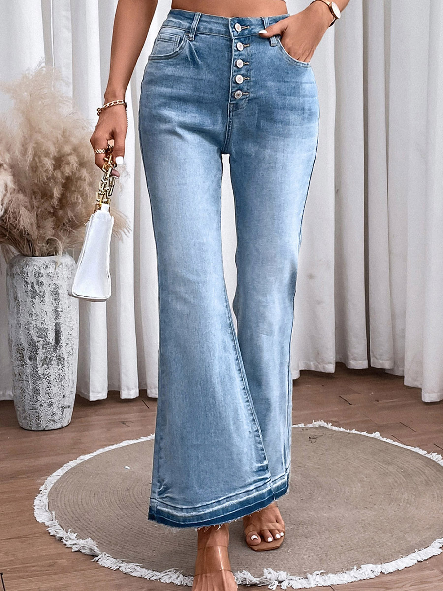 Autumn New Solid Color High Waist Jeans for Women European and American Leisure Versatile Buttons Slim Fit Bell-Bottom Pants Women One Piece Dropshipping