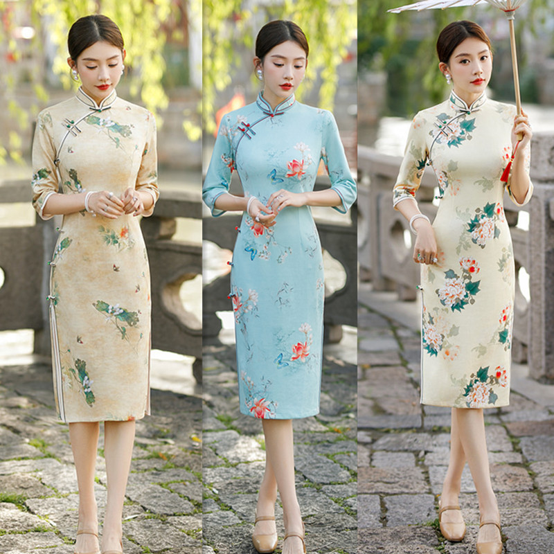 老上海复古民族风中长七分袖旗袍2023秋冬新款改良中式麂皮绒旗袍