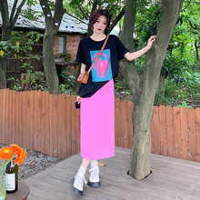 大码女装2023夏季新款韩版休闲宽松猫咪印花T恤半身裙两件套