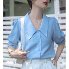 法式蓝色雪纺短袖衬衫女2024夏季新款面试正装OL职业通勤v领上衣