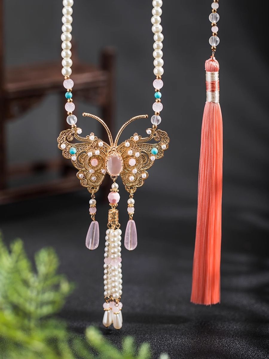 明制背云长饰品璎珞流苏古风防珍珠汉服吊坠项圈中式马面配饰项链