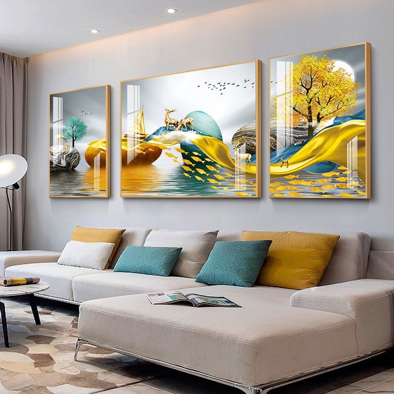 客厅装饰画现代简约沙发背景墙壁画餐厅挂画北欧晶瓷镶钻三联画