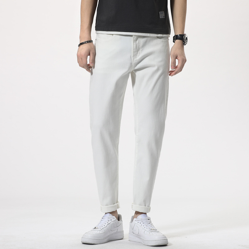 21春夏新款棉纯色九分裤休闲微弹青年中腰时尚白色男裤