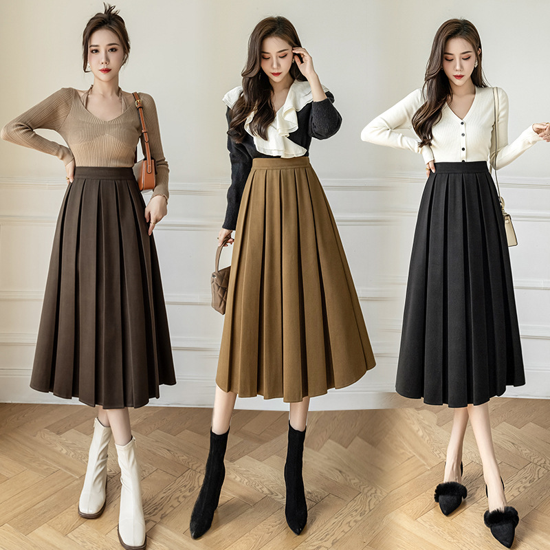 毛呢百褶裙半身裙女秋季新款小个子女装a字裙中长款裙子高腰伞裙