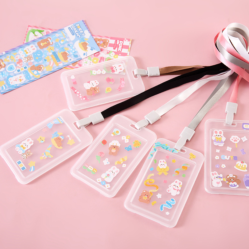 Cartoon Sticker Transparent Pp Solid Color Card Holder Single Shell Student Lanyard Bus Access Control Card Holder Candy Color Lanyard