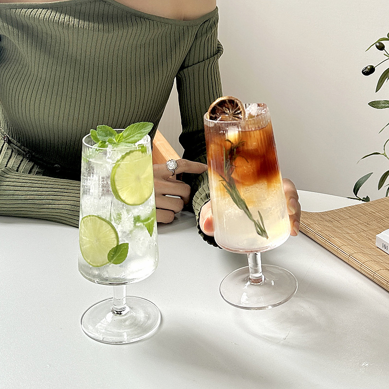 小众ins复古冰美式拿铁咖啡杯 竖纹高脚杯果汁杯气泡水杯鸡尾酒杯