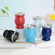 创意热销不锈钢8OZ马黛杯南美洲阿根廷葫芦形茶杯带吸管刷吸管勺