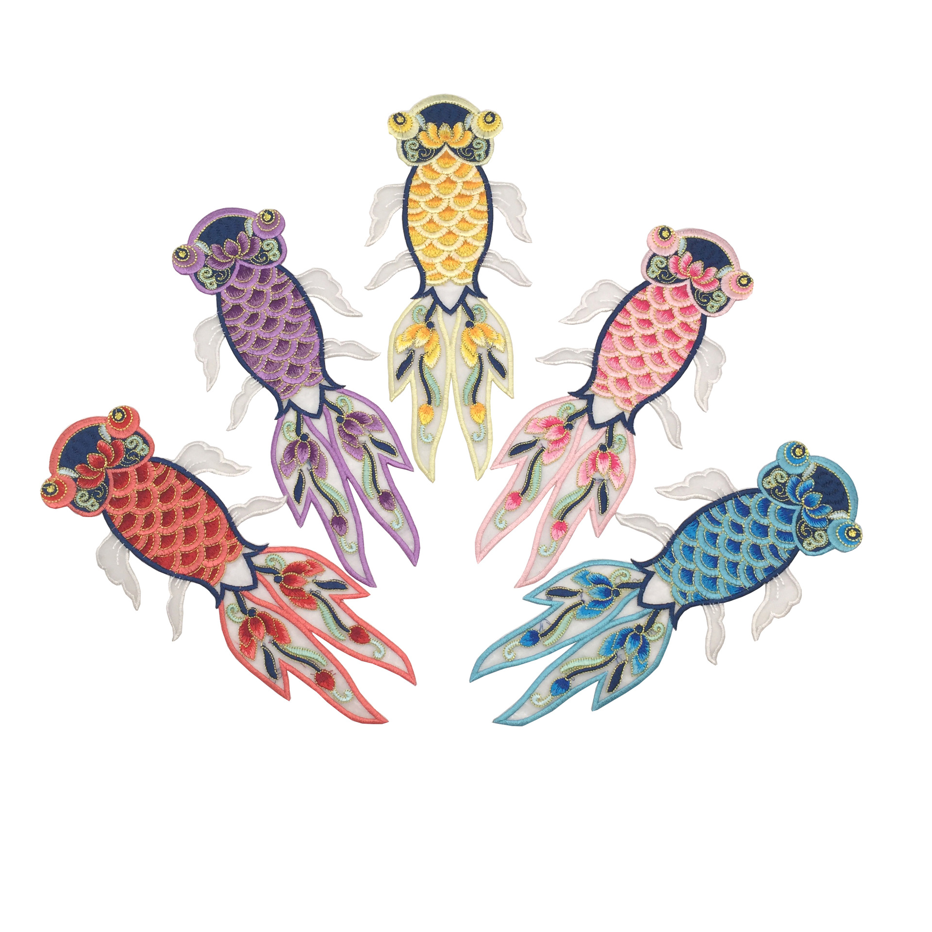 迷你小金鱼刺绣布贴时尚欧根纱贴花衣服装饰图案diy缝批发有背胶