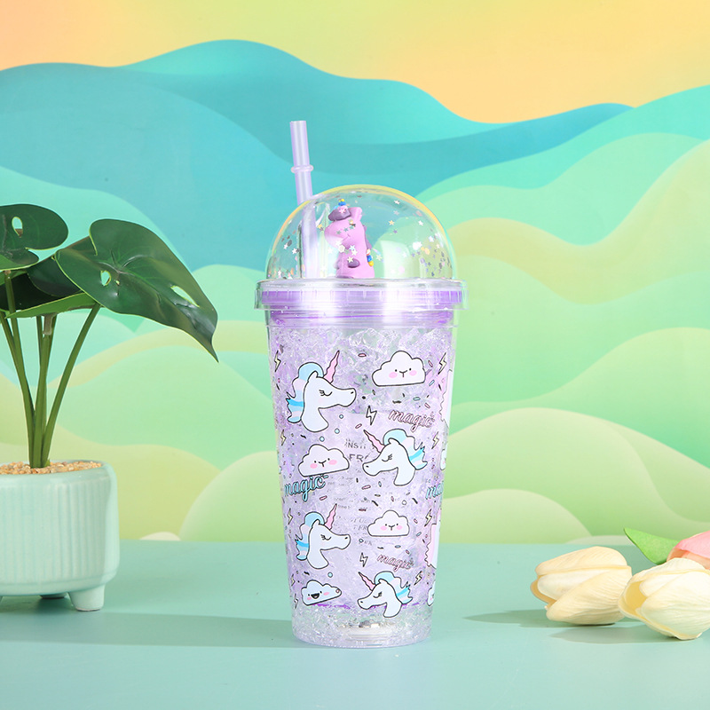 New Creative Unicorn Double Plastic Straw Cup Good-looking Student Summer Ice Cup Children Cartoon Gift Cup