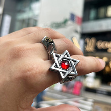 欧美时尚嘻哈饰品男士六芒星镶嵌人造仿红宝石不锈钢个性戒指