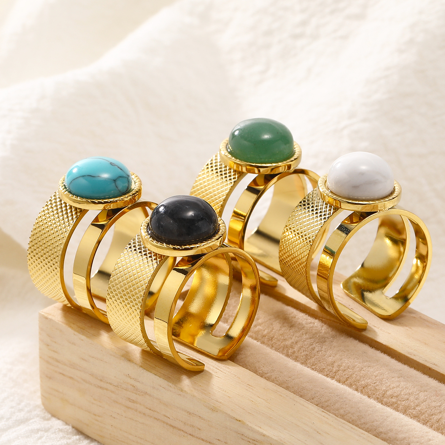 跨境外贸饰品 轻奢高级感18k金宝石开口戒指女 ins冷淡风钛钢指环