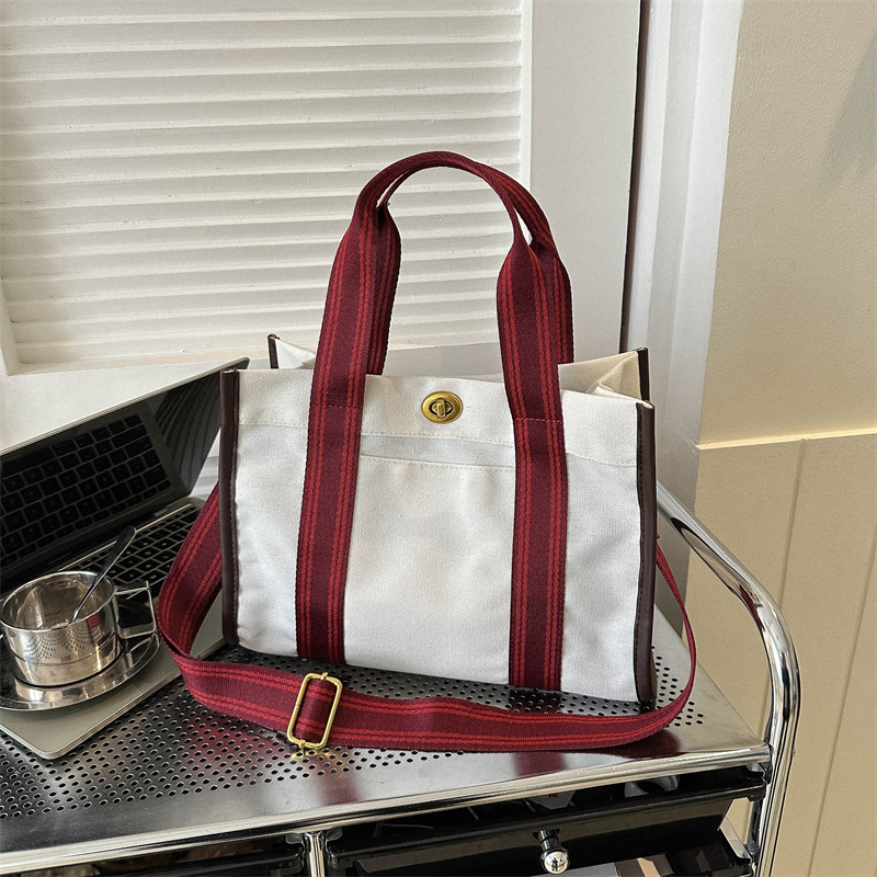 Large Capacity Color-Matching Handbag Bag Women's 2023 Summer Stitching Contrast Color Shoulder Bag Casual Simple Canvas Tote Bag