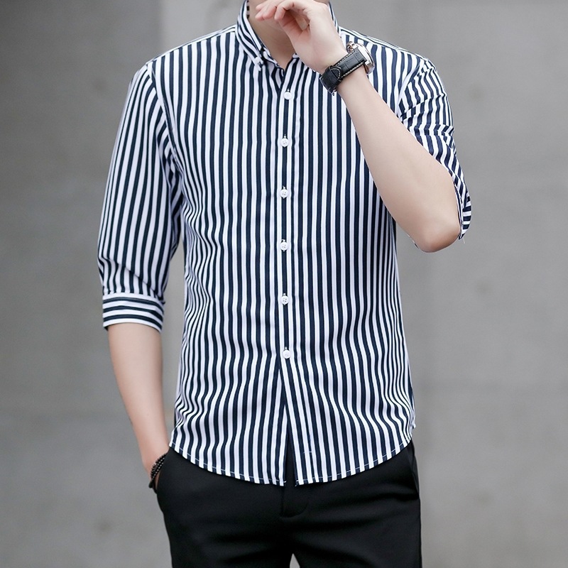 Summer New Men's Short Sleeve Shirt Half Sleeve Striped Slim Fit Shirt Korean Style Handsome Half Sleeve Shirt Half Sleeve