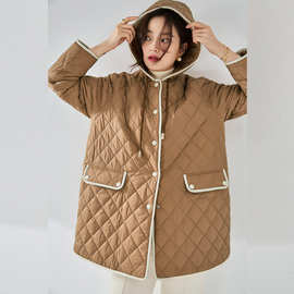 秋冬休闲柔软保暖轻薄宽松连帽包边绗棉菱形棉服上衣外套12008
