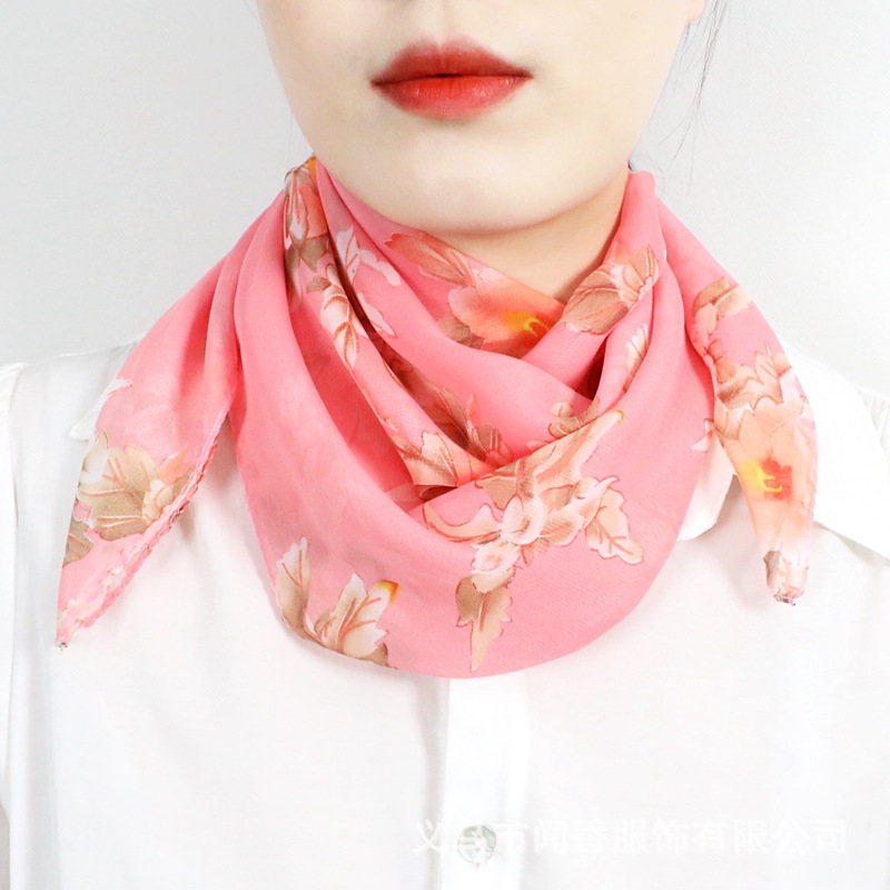 2022 New Spring and Summer Artificial Silk Chiffon Printed Small Square Scarf Women's Temperament Wild Silk Scarf Neck Protection Sunscreen Small Scarf