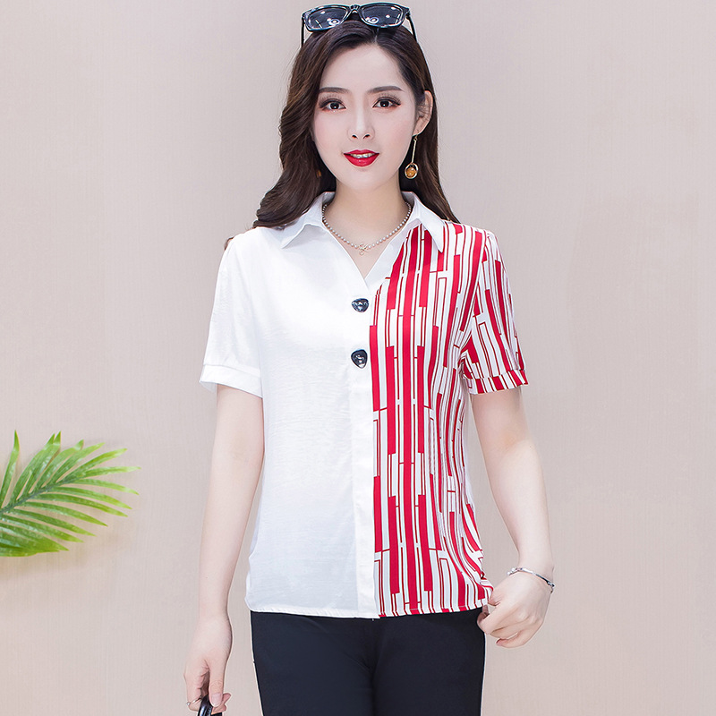 夏季中青年女式短袖小衫短款中年妈妈衬衫上衣衬衣条纹30-40-50岁