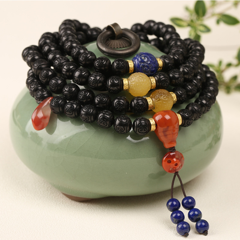 椰蒂手串成品108颗男回纹珠圆珠黑金椰壳老型印尼文玩项链-阿里巴巴