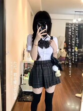 辣妹小个子收腰修身短袖衬衫制服夏季格子百褶半身裙jk裙子两件套