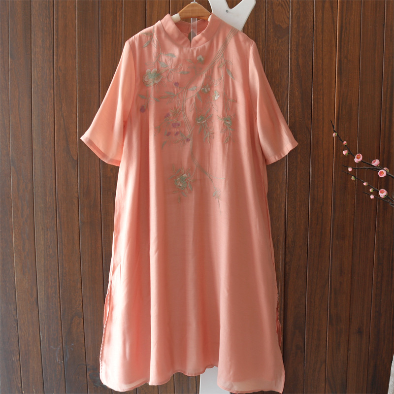 复古民族风刺绣花天丝连衣裙女装夏季气质长款裙子宽松高端仙女裙