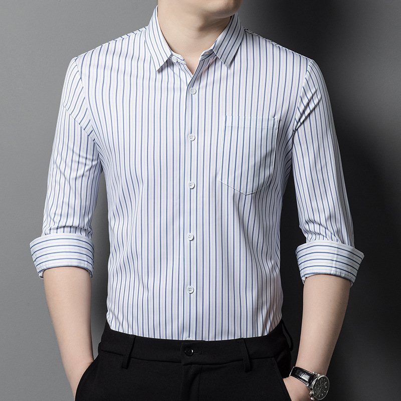 品牌新款长袖衬衫中年男士休闲商务桑蚕丝无痕质感衬衣百搭男装