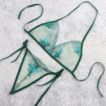 法式刺绣性感内衣比基尼透视三点文胸丁字裤装系带大码情趣内衣