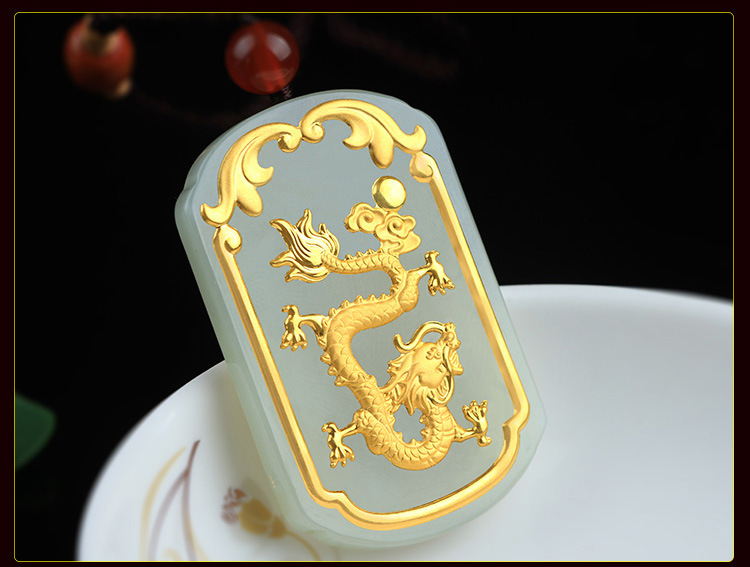 龙凤吊坠金镶玉和田玉足金玉石龙凤呈祥吊坠男女款批发