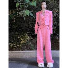 早秋装茶系穿搭一整套小香风职业套装女高级感粉色外套裤子三件套