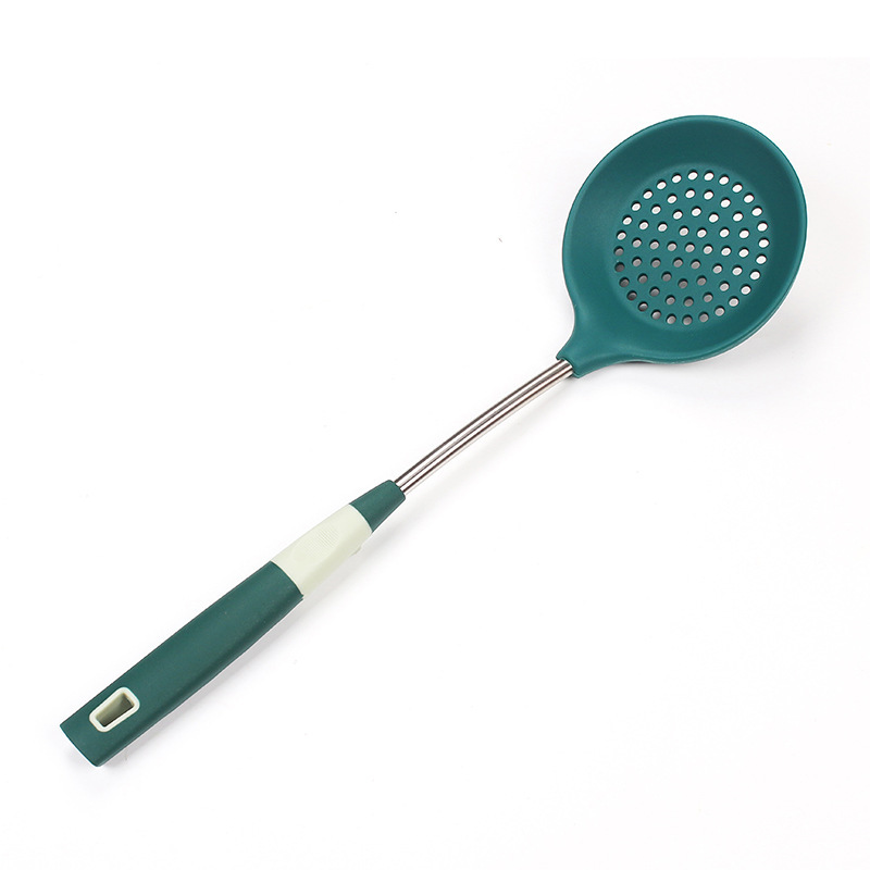 Food Grade Dark Green Silicone Kitchenware Kitchen Non-Stick Pan High Temperature Resistant Silicone Spatula Soup Spoon and Strainer Suit Wholesale