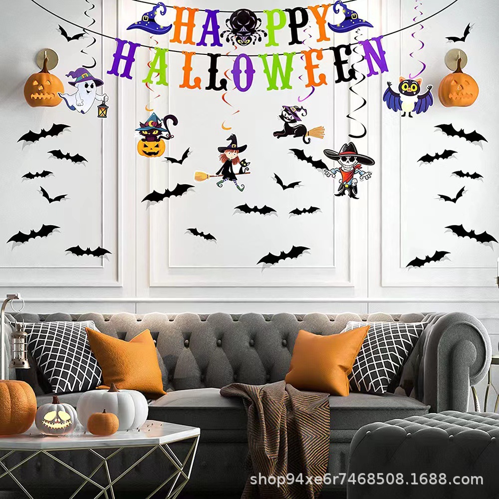 Factory Direct Sales Halloween Spider Hanging Flag Banner Party Decoration Spiral Hanging Ornament Halloween Bat Stickers