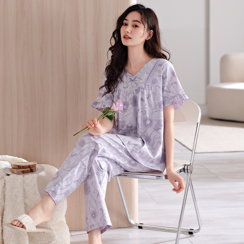 凉感夏季睡衣女士短袖纯棉长裤植物印花夏天紫色新款家居服薄款