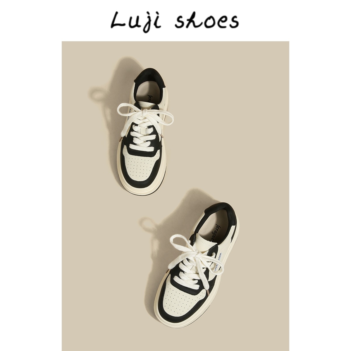 Luji Genuine Leather Panda Sneakers for Women 2023 Spring New Ins Internet Celebrity Student Casual All-Matching Platform White Shoes