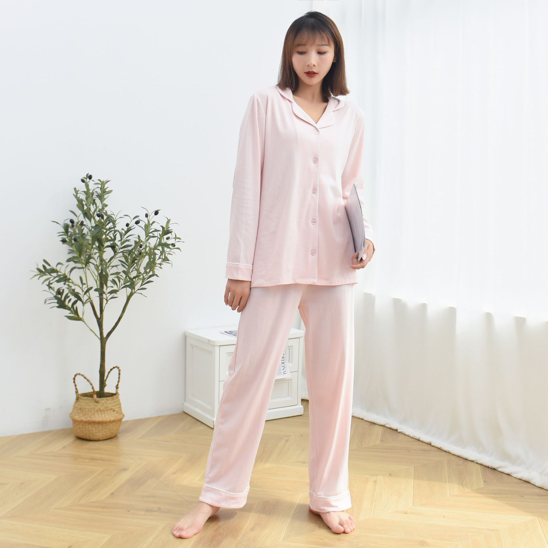 ai幕v领时尚家居服春秋长袖长裤女士家居服睡衣套装