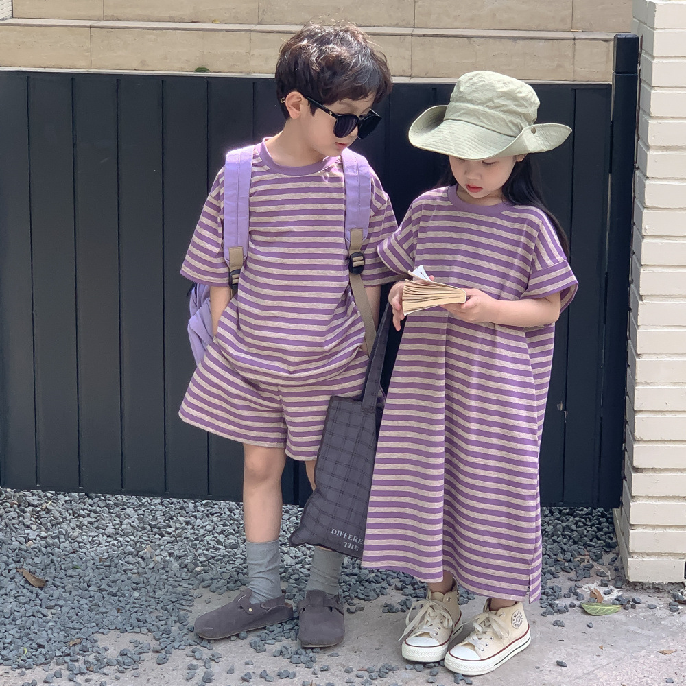 儿童兄妹装2024夏款男童短袖短裤两件套女童紫色条纹卫衣裙末小蒙
