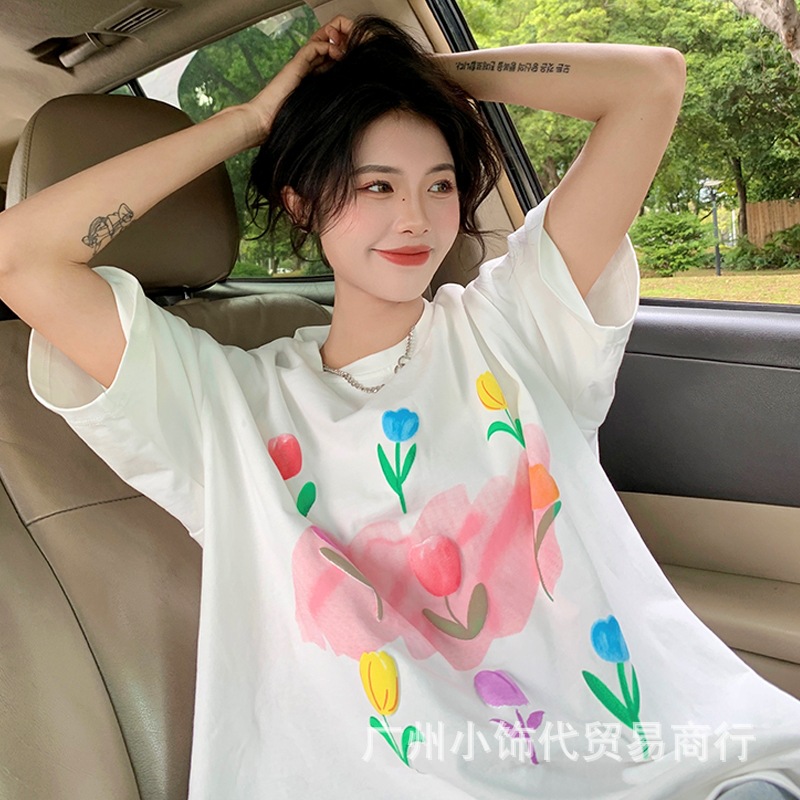 2023 Summer New Pure Cotton Women's Wear Short-Sleeved T-shirt Korean Style Loose Large Version Crew Neck T-shirt Top Foreign Trade Stall Wholesale