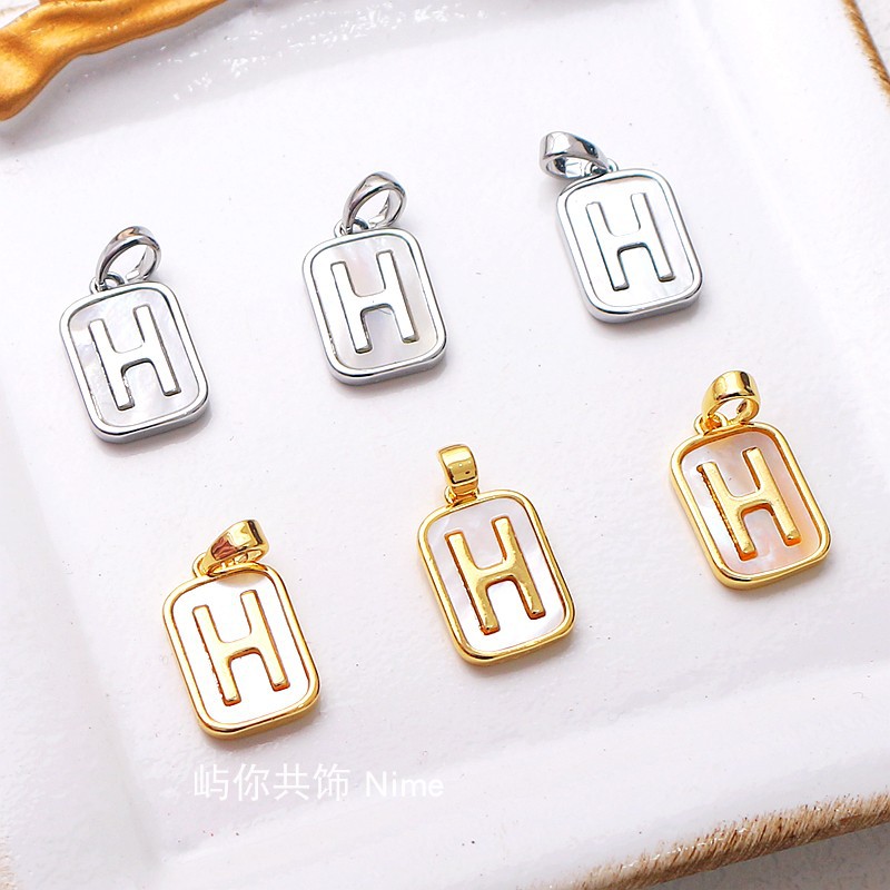 14k镀金保色天然白贝壳锆石h字吊坠diy饰品配件手工串珠项链吊饰