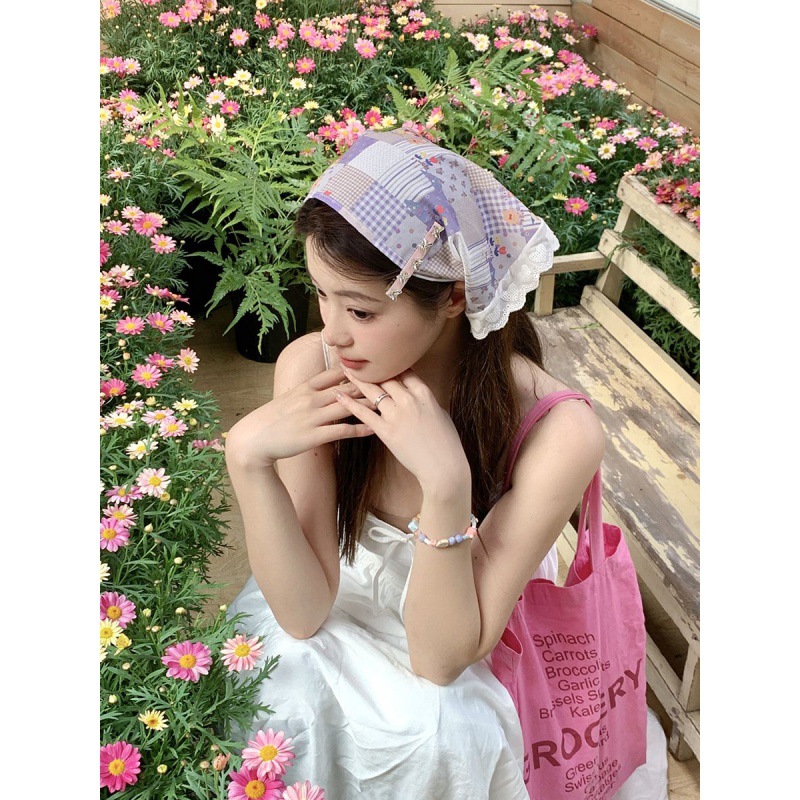可爱少女头巾春夏季新款法式绑带蕾丝发带丝巾海边度假拍照三角巾