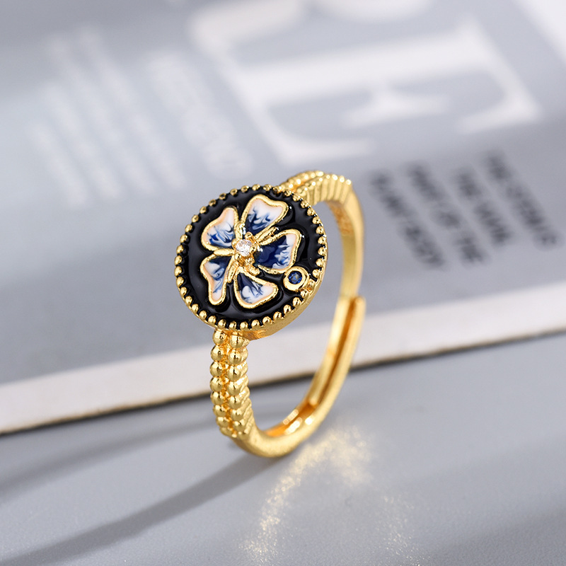 新款镶嵌蓝钻鸢尾花珐琅戒指开口女国风甜美时尚奢华气质高颜值款