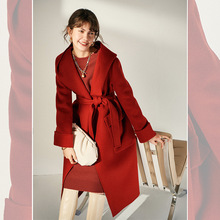 双面羊绒大衣女2024秋冬新款红色修身中长款小个子连帽羊毛呢外套