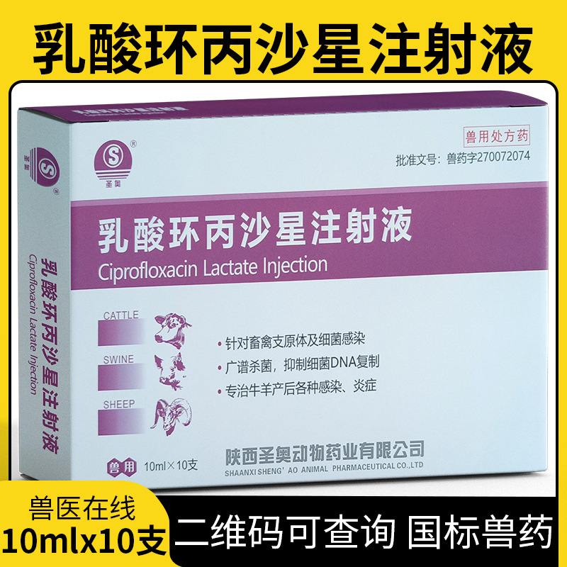 兽药乳酸环丙沙星注射液牛羊产后各种感染炎症广谱抗菌支原体细菌