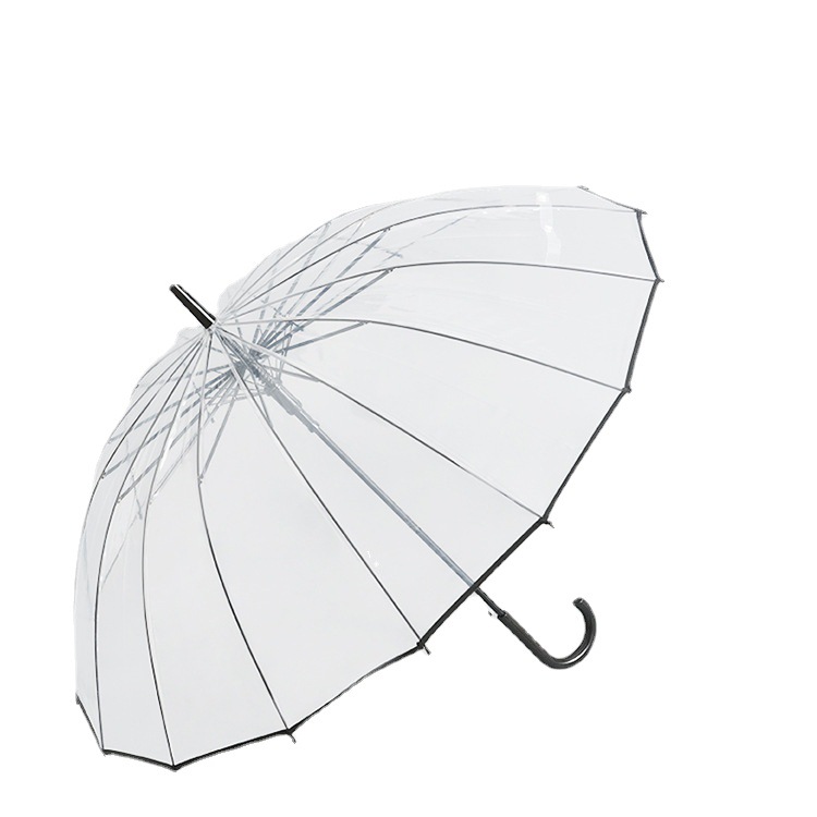 2021 New Korean Style Japanese Style Simple 16-Bone Straight Rod Transparent Umbrella Curved Handle Long Handle Transparent Umbrella Advertising Umbrella