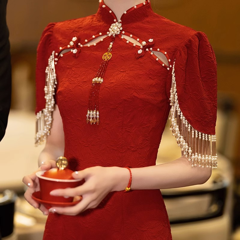 旗袍敬酒服新娘夏季小个子酒红色订婚礼服裙中式改良蕾丝流苏旗袍