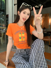 香菜不加辣XIANGCAI印花修身短袖T恤女2025夏季新款圆领正肩上衣