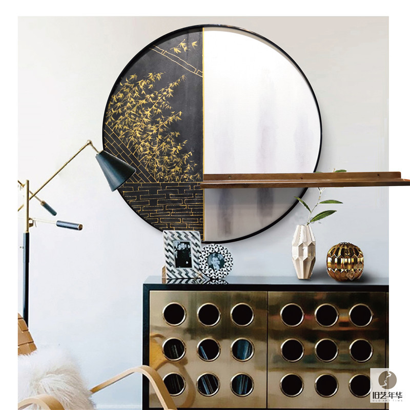 现代简约圆形玄关装饰画新中式餐边柜挂画竹子黑白木条立体实物画