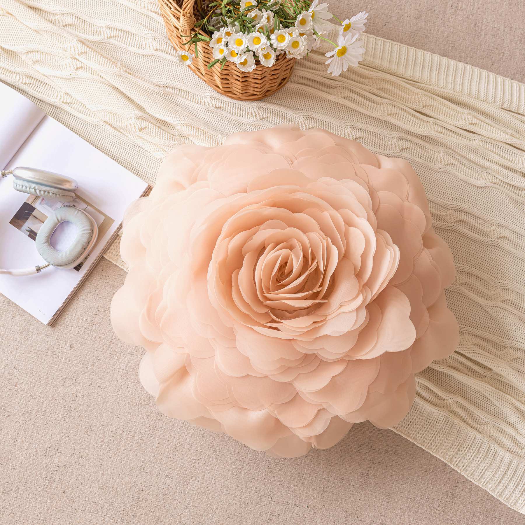 Princess Style Three-Dimensional Tulle Flower-Pattern Throw Pillow Ins Style Bedroom Bedside and Sofa Cushion Bay Window Peony Flower Throw Pillowcase